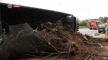 Vrachtwagen kantelt en verliest lading aan viaduct in Temse